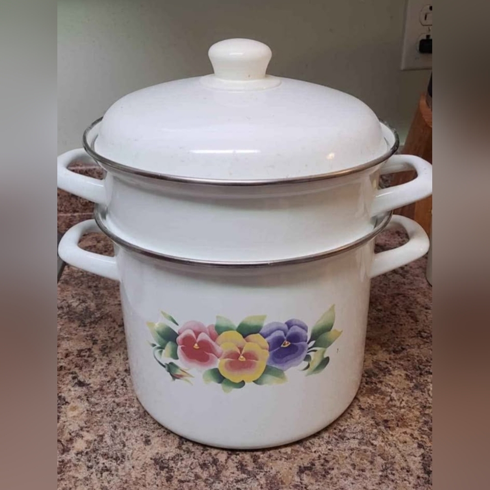 Vintage Floral  Enamel Stock Pot with Steamer
